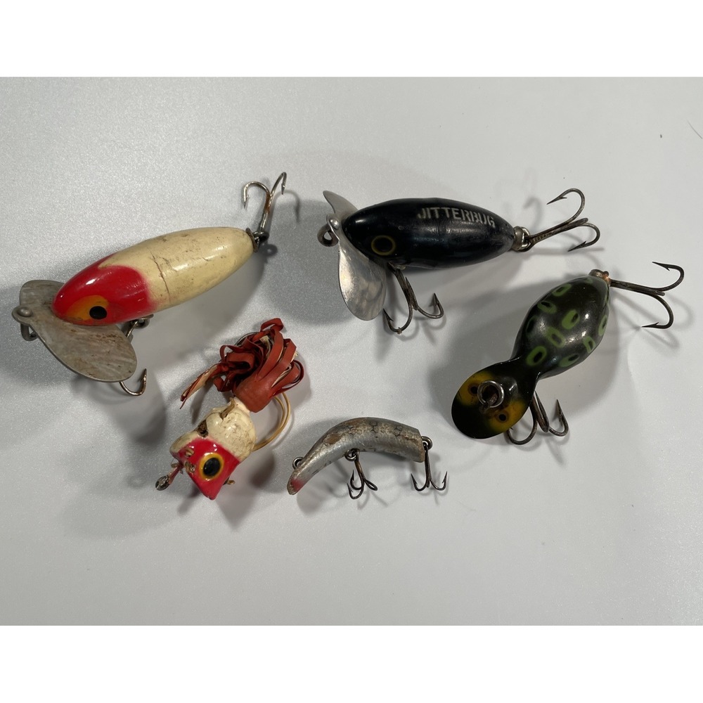 Vintage Lure Lot Heddon Tiny Tad Lure Jitterbug Tackle Hooks Fishing Old Antique